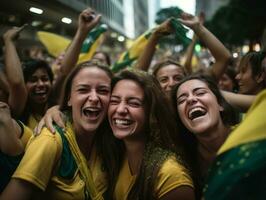 braziliaans vrouw viert haar voetbal teams zege ai generatief foto