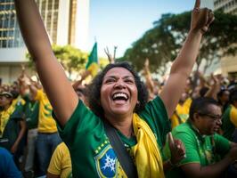 braziliaans vrouw viert haar voetbal teams zege ai generatief foto