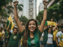 braziliaans vrouw viert haar voetbal teams zege ai generatief foto