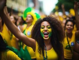 braziliaans vrouw viert haar voetbal teams zege ai generatief foto