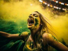 braziliaans vrouw viert haar voetbal teams zege ai generatief foto