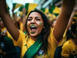 braziliaans vrouw viert haar voetbal teams zege ai generatief foto