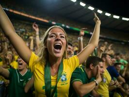 braziliaans vrouw viert haar voetbal teams zege ai generatief foto