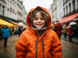 kind geniet een ontspannen wandeling door de levendig stad straten ai generatief foto