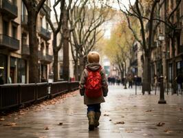 kind geniet een ontspannen wandeling door de levendig stad straten ai generatief foto