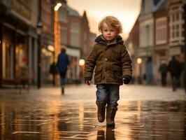 kind geniet een ontspannen wandeling door de levendig stad straten ai generatief foto