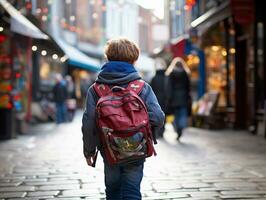 kind geniet een ontspannen wandeling door de levendig stad straten ai generatief foto