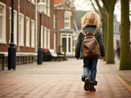 kind geniet een ontspannen wandeling door de levendig stad straten ai generatief foto