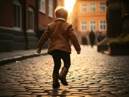 kind geniet een ontspannen wandeling door de levendig stad straten ai generatief foto