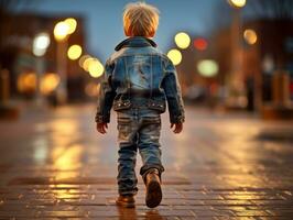 kind geniet een ontspannen wandeling door de levendig stad straten ai generatief foto