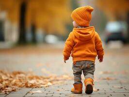 kind geniet een ontspannen wandeling door de levendig stad straten ai generatief foto