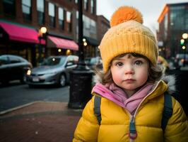 kind geniet een ontspannen wandeling door de levendig stad straten ai generatief foto