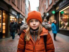 kind geniet een ontspannen wandeling door de levendig stad straten ai generatief foto