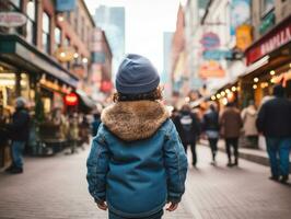 kind geniet een ontspannen wandeling door de levendig stad straten ai generatief foto