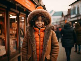 kind geniet een ontspannen wandeling door de levendig stad straten ai generatief foto