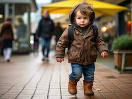 kind geniet een ontspannen wandeling door de levendig stad straten ai generatief foto