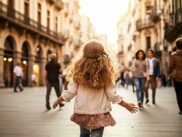 kind geniet een ontspannen wandeling door de levendig stad straten ai generatief foto