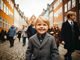 kind geniet een ontspannen wandeling door de levendig stad straten ai generatief foto