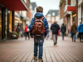 kind geniet een ontspannen wandeling door de levendig stad straten ai generatief foto