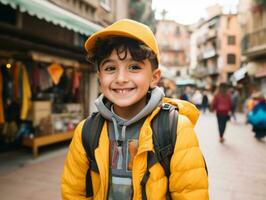 kind geniet een ontspannen wandeling door de levendig stad straten ai generatief foto