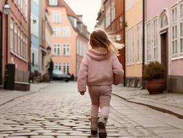 kind geniet een ontspannen wandeling door de levendig stad straten ai generatief foto