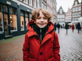 kind geniet een ontspannen wandeling door de levendig stad straten ai generatief foto