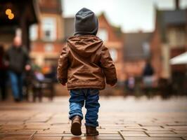 kind geniet een ontspannen wandeling door de levendig stad straten ai generatief foto