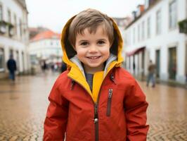 kind geniet een ontspannen wandeling door de levendig stad straten ai generatief foto