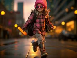 kind geniet een ontspannen wandeling door de levendig stad straten ai generatief foto