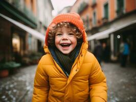 kind geniet een ontspannen wandeling door de levendig stad straten ai generatief foto