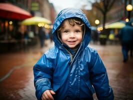 kind geniet een ontspannen wandeling door de levendig stad straten ai generatief foto