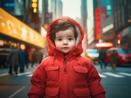 kind geniet een ontspannen wandeling door de levendig stad straten ai generatief foto