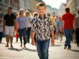 kind geniet een ontspannen wandeling door de levendig stad straten ai generatief foto