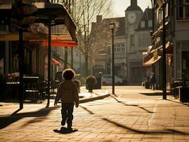 kind geniet een ontspannen wandeling door de levendig stad straten ai generatief foto