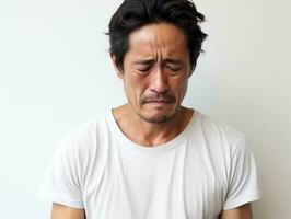 40 jaar oud Aziatisch Mens in emotioneel houding Aan wit achtergrond ai generatief foto