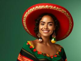Mexicaans vrouw in emotioneel dynamisch houding Aan solide achtergrond ai generatief foto