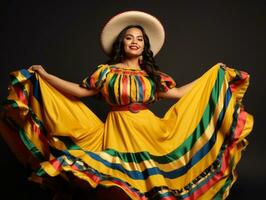 Mexicaans vrouw in emotioneel dynamisch houding Aan solide achtergrond ai generatief foto