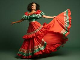 Mexicaans vrouw in speels houding Aan solide achtergrond ai generatief foto