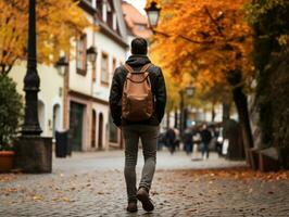 Mens geniet een ontspannen wandeling door de levendig stad straten ai generatief foto