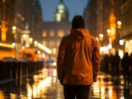 Mens geniet een ontspannen wandeling door de levendig stad straten ai generatief foto