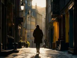 Mens geniet een ontspannen wandeling door de levendig stad straten ai generatief foto