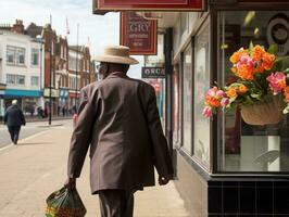 Mens geniet een ontspannen wandeling door de levendig stad straten ai generatief foto