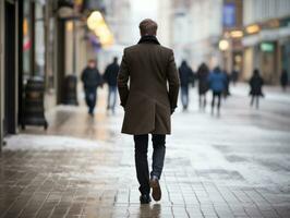 Mens geniet een ontspannen wandeling door de levendig stad straten ai generatief foto