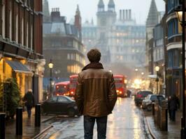 Mens geniet een ontspannen wandeling door de levendig stad straten ai generatief foto