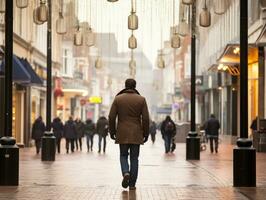 Mens geniet een ontspannen wandeling door de levendig stad straten ai generatief foto