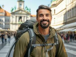 Mens geniet een ontspannen wandeling door de levendig stad straten ai generatief foto