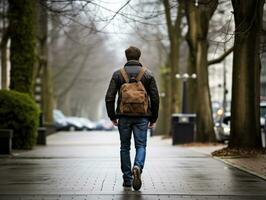 Mens geniet een ontspannen wandeling door de levendig stad straten ai generatief foto