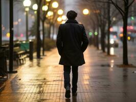 Mens geniet een ontspannen wandeling door de levendig stad straten ai generatief foto