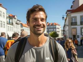 Mens geniet een ontspannen wandeling door de levendig stad straten ai generatief foto