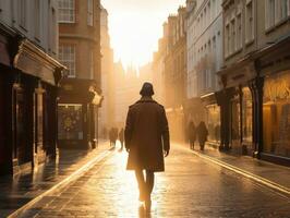 Mens geniet een ontspannen wandeling door de levendig stad straten ai generatief foto